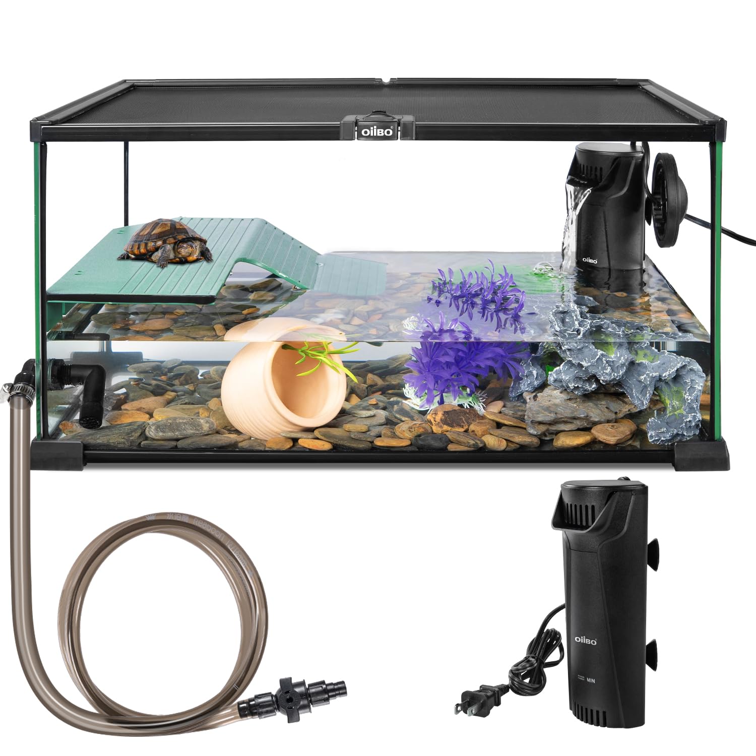 Schildkröten-Tank-Set aus Glas, 30,8 x 30,5 x 25,4 cm, Starter-Set mit Drainagesystem, Sonnenplattform und leisem Aquarium-Eck-Innenfilter, Wasserschildkröten-Terrarium