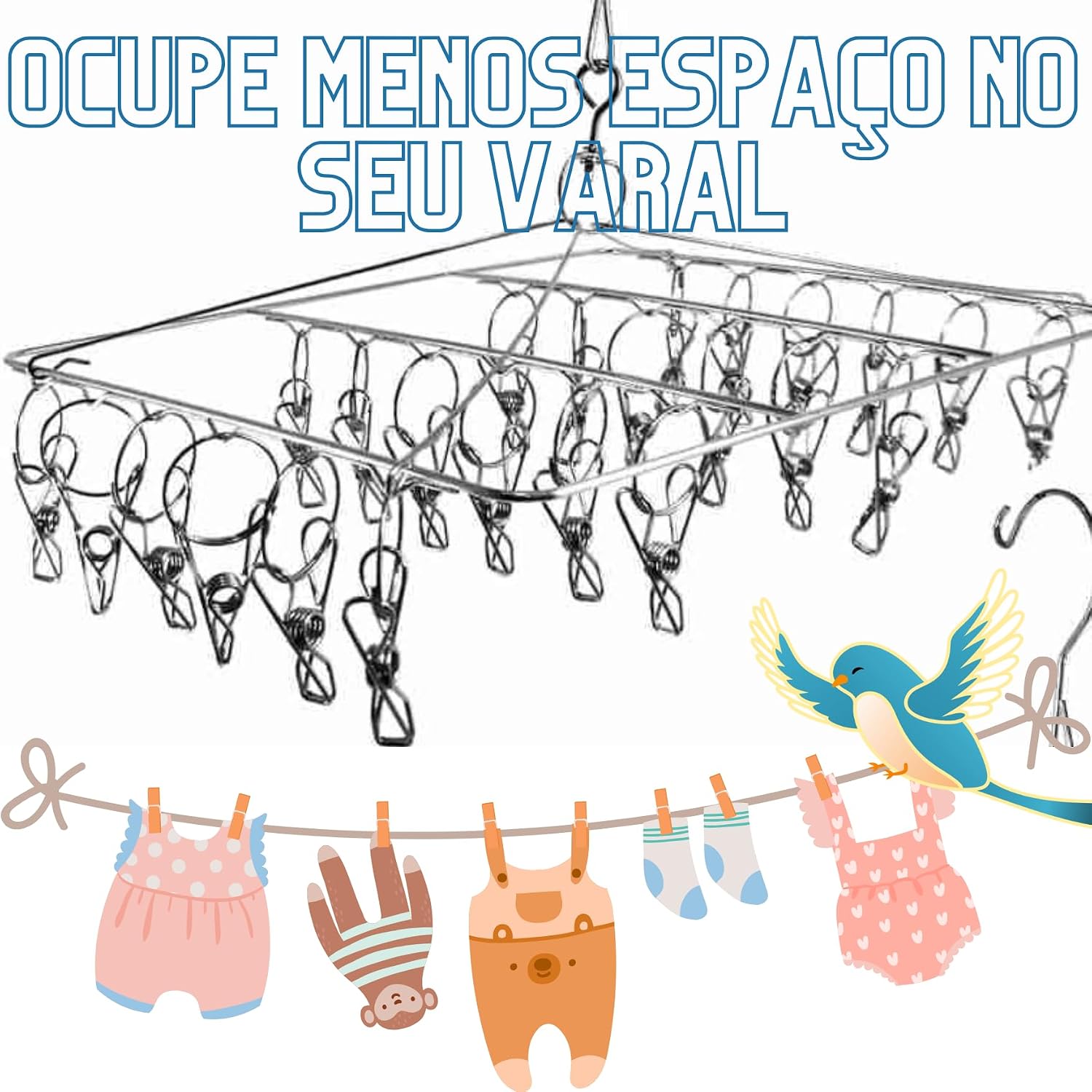 Varal Aço Inox Suspenso Meias Calcinha e Roupa Intima Apartamento Lavanderia -40 Prendedores-Vende Mais (Varal Quadrado Inox)