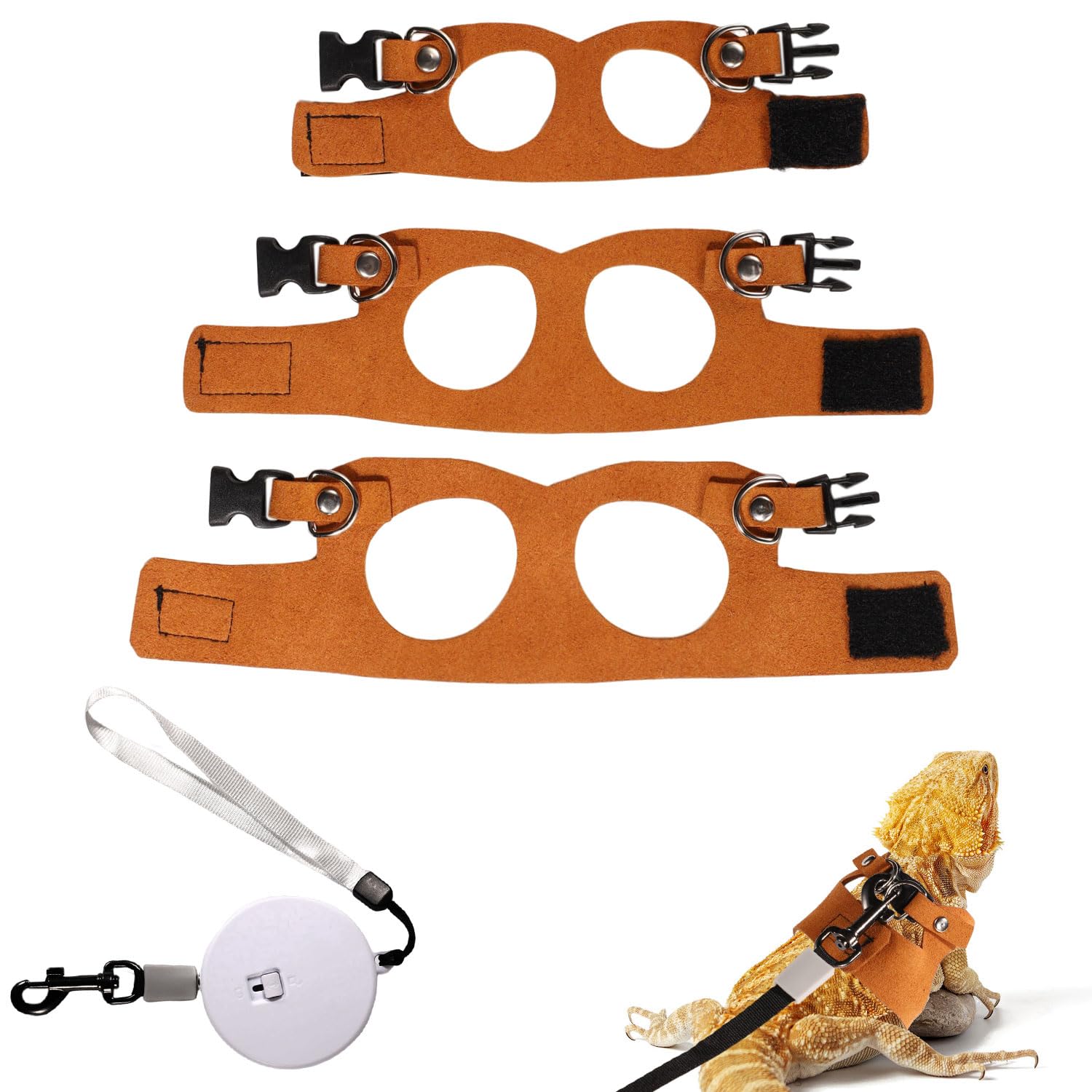Bartagamengeschirr und Leine, 3 Größen Superleder Bartagamengeschirr mit Einziehbarer Bartagamenleine aus Kunststoff Bartagamenoutfits für Reptilienspaziergänge im Freien (Braun)
