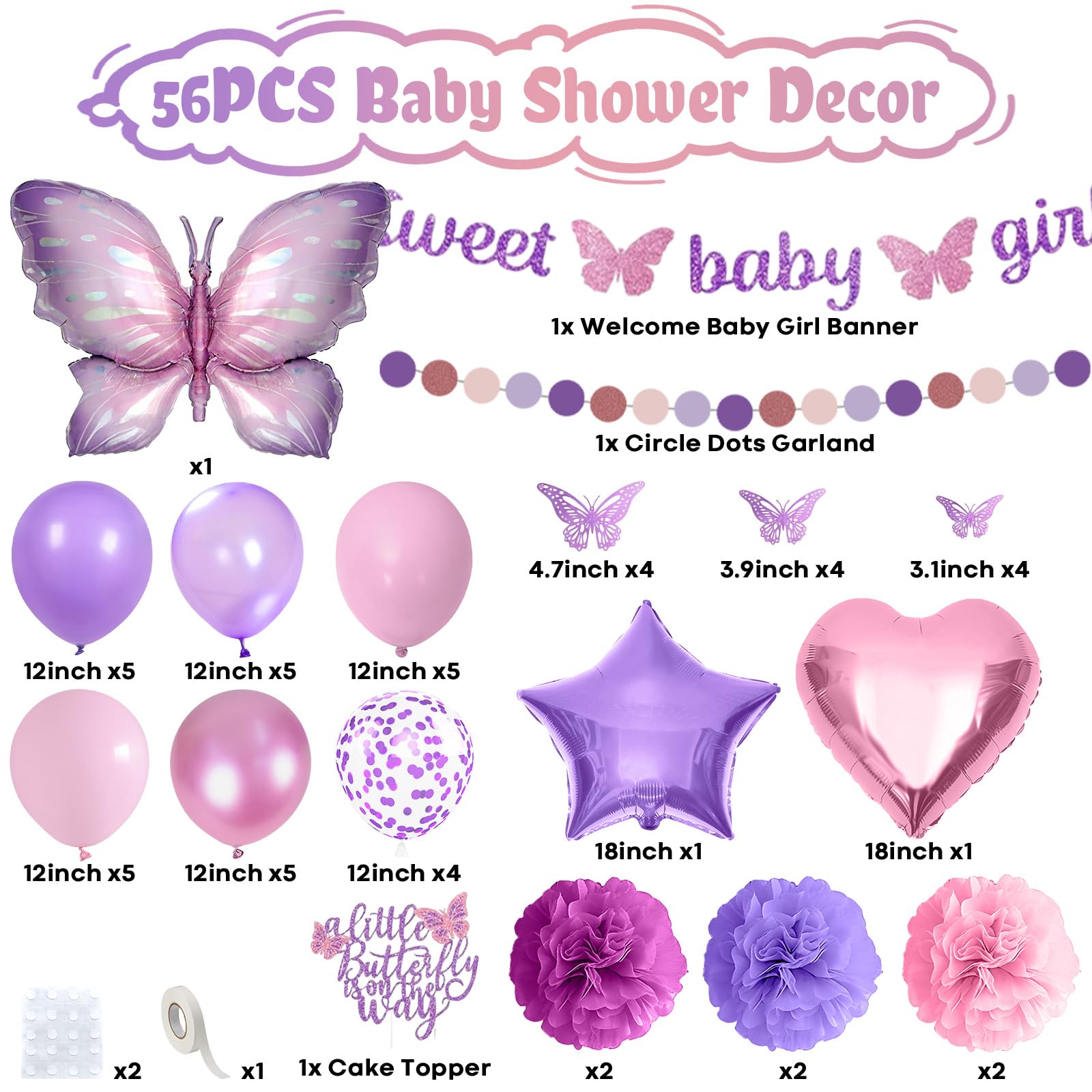 Butterfly Baby Shower Decorations for Girl Sweet Baby Girl Banner with Pearl Pastel Purple Light Pink Latex Foil Balloons Cake Topper Pom Poms for A Little Butterfly Is On The Way Decoration Supplies - Image 2