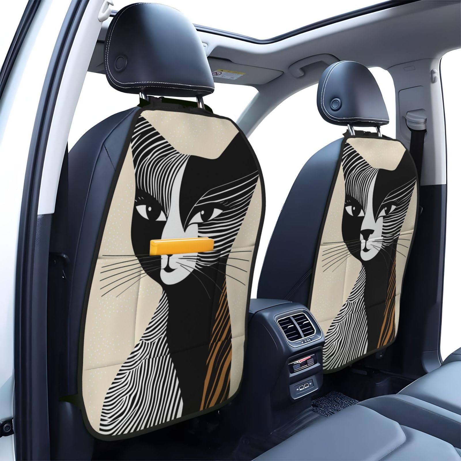 Black and White Cat Line Art Car Seat Back Kick Protectors,2 Pack Kick Mats with Storage Pockets for Vehicles to Protect from Dirt Mud Scratches