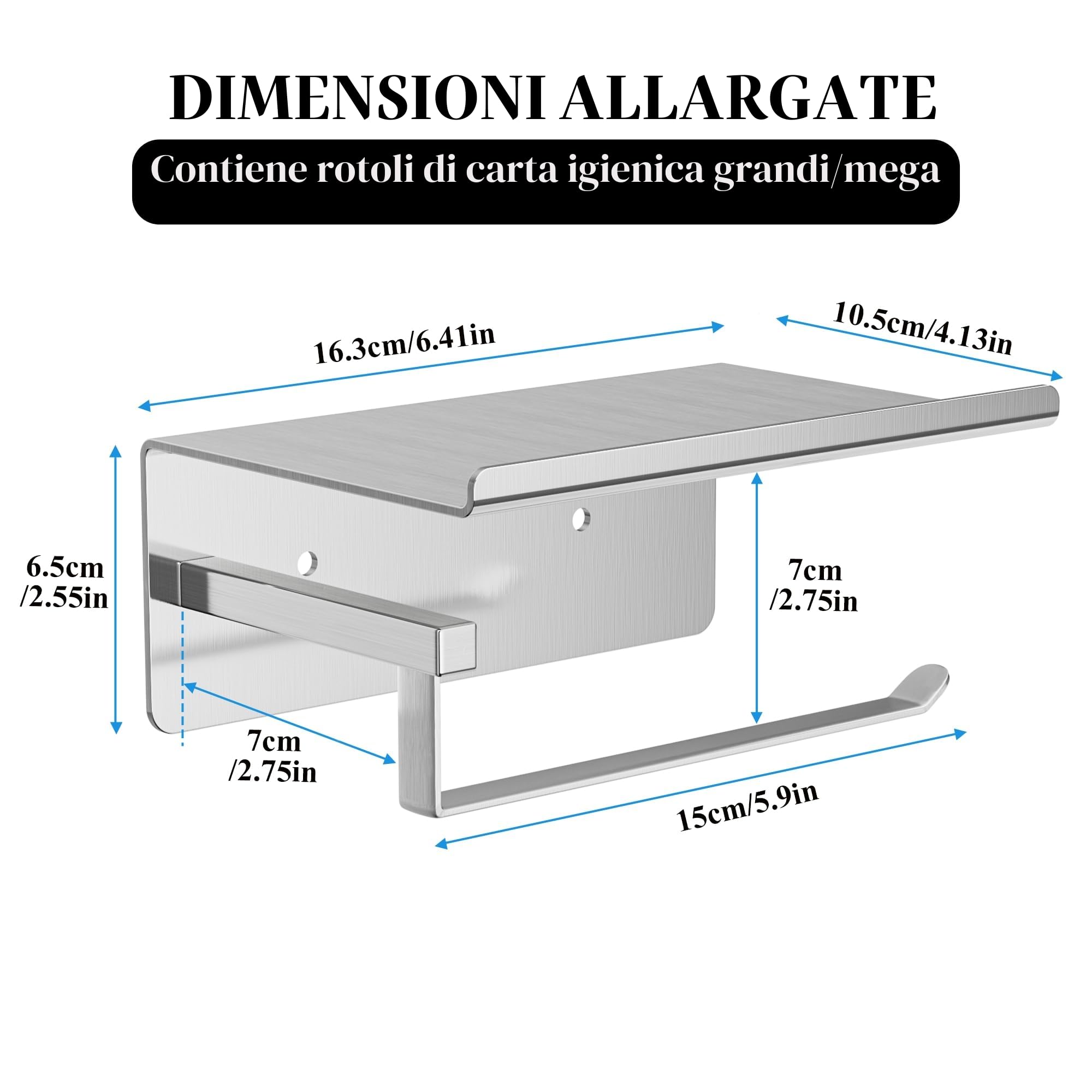 susswiff Portarotolo per carta igienica con ripiano, cromato, porta rotolo di carta igienica, autoadesivo, senza foratura, per bagno, in acciaio inox, argento