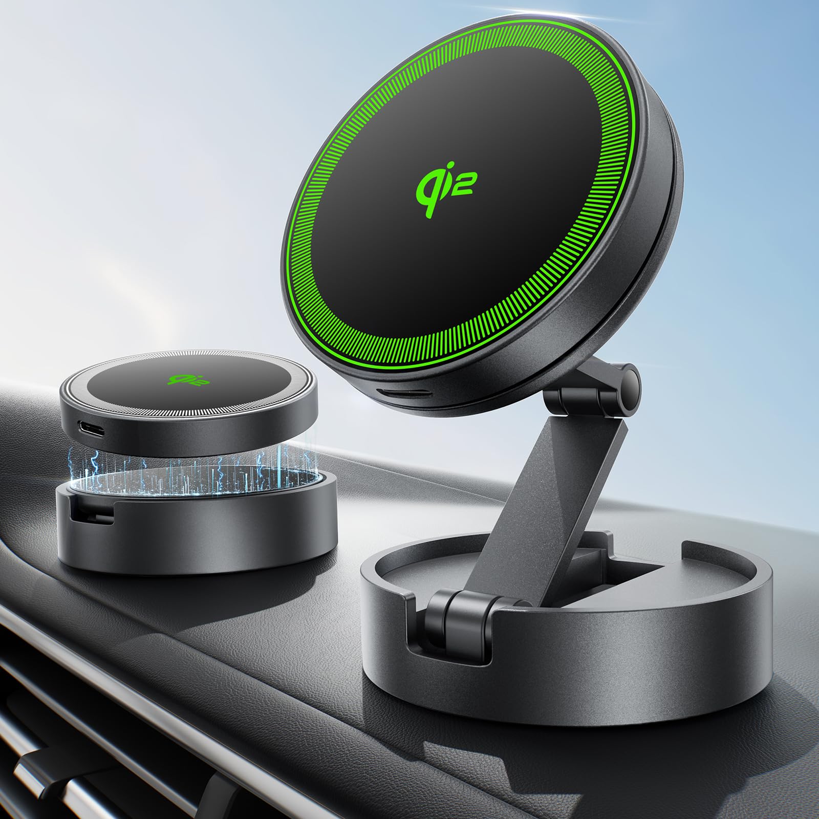 THREEKEY スマホホルダー 車 ワイヤレス充電 マグセーフ クルマ Qi2 充電器 車載【360°回転可能 高硬度亜鉛合金製の延長サポートアーム】MagSafe 車載 充電器 両面マグネット N52超強力磁石&3M製粘着剤 スマホスタンド 車 取付簡単 iPhone多機種/Galaxy S25 Ultraと多車種が対応 通勤·出張·旅行最適 (TZH101)