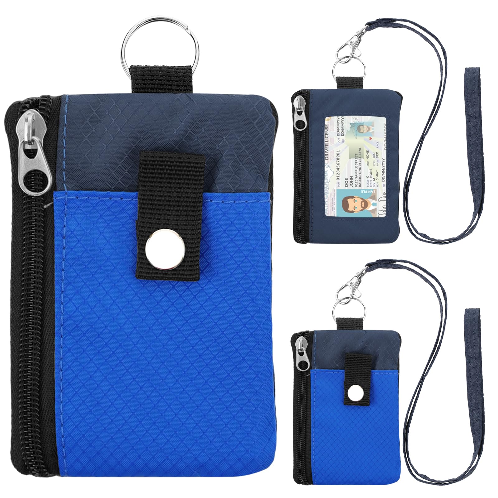 Minimalist Small Wallet for Men Women with 2 Zip Pockets, Multi Functional ID Case with Keychain and Card Holder, Coin Purse Badge Lanyard Pouch for Boys Girls Travel -Black+DarkBlue