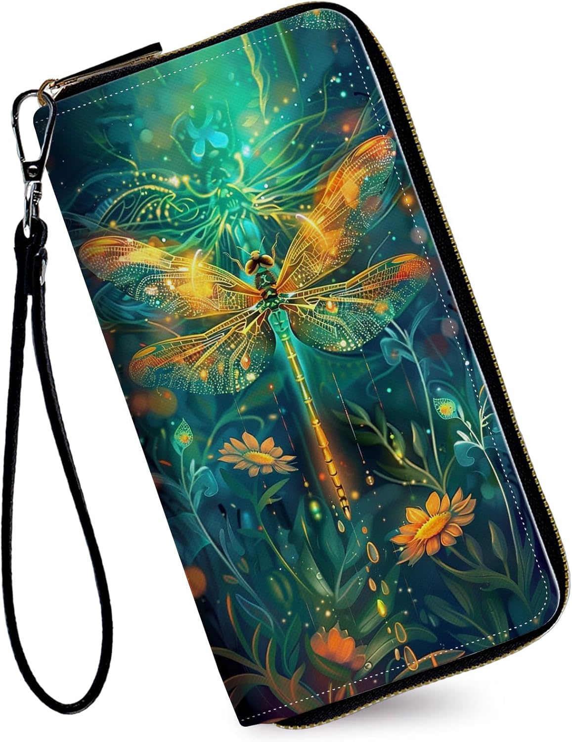 Women's Wallets,Credit Card Holder Money Leather Long Wallet with Wristlet,Large Capacity with Zip-Around Phone Purse for Women Ladies Girls,Sparkly Dragonfly