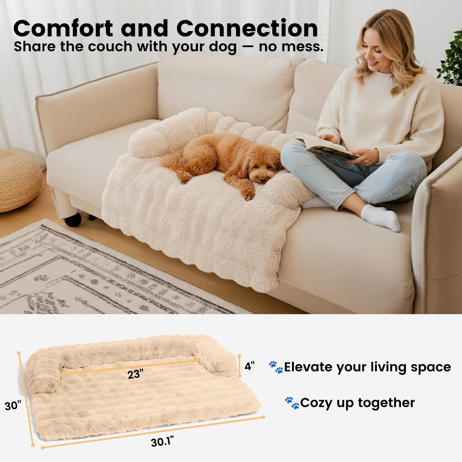 Dog Couch Bed, Dog Bed for Couch, Calming Fluffy Washable Pet Sofa Covers Protector Mat for Small Medium Dogs and Cats, Khaki