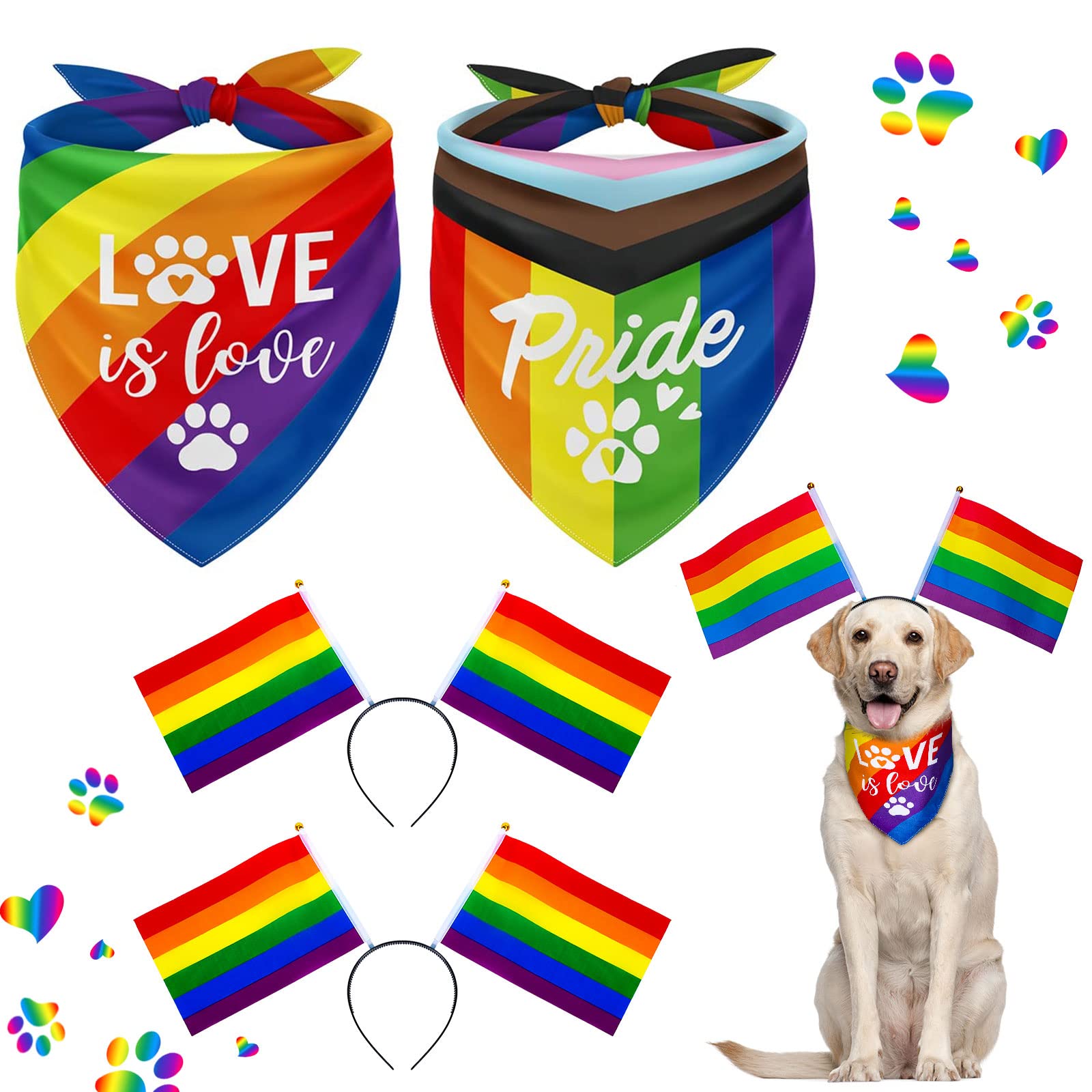 Whaline4 Pack Gay Pride Day Dog Bandana Set Rainbow Love is Love Pride Bandana Triangle Scarf Rainbow Dog Headbands Reversible Dog Kerchief Pet Accessory for Gay Themed Party Medium Large Dogs