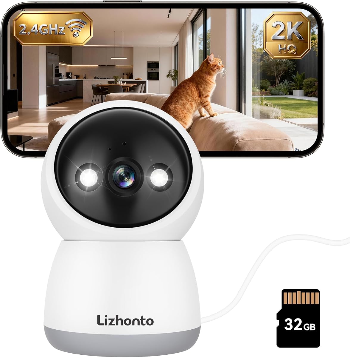 3MP Indoor Security Camera with 32GB SD Card - Pan/Tilt WiFi Camera with Motion Detection & Smart Night Vision for Baby & Pet Monitoring, Supports Cloud Storage