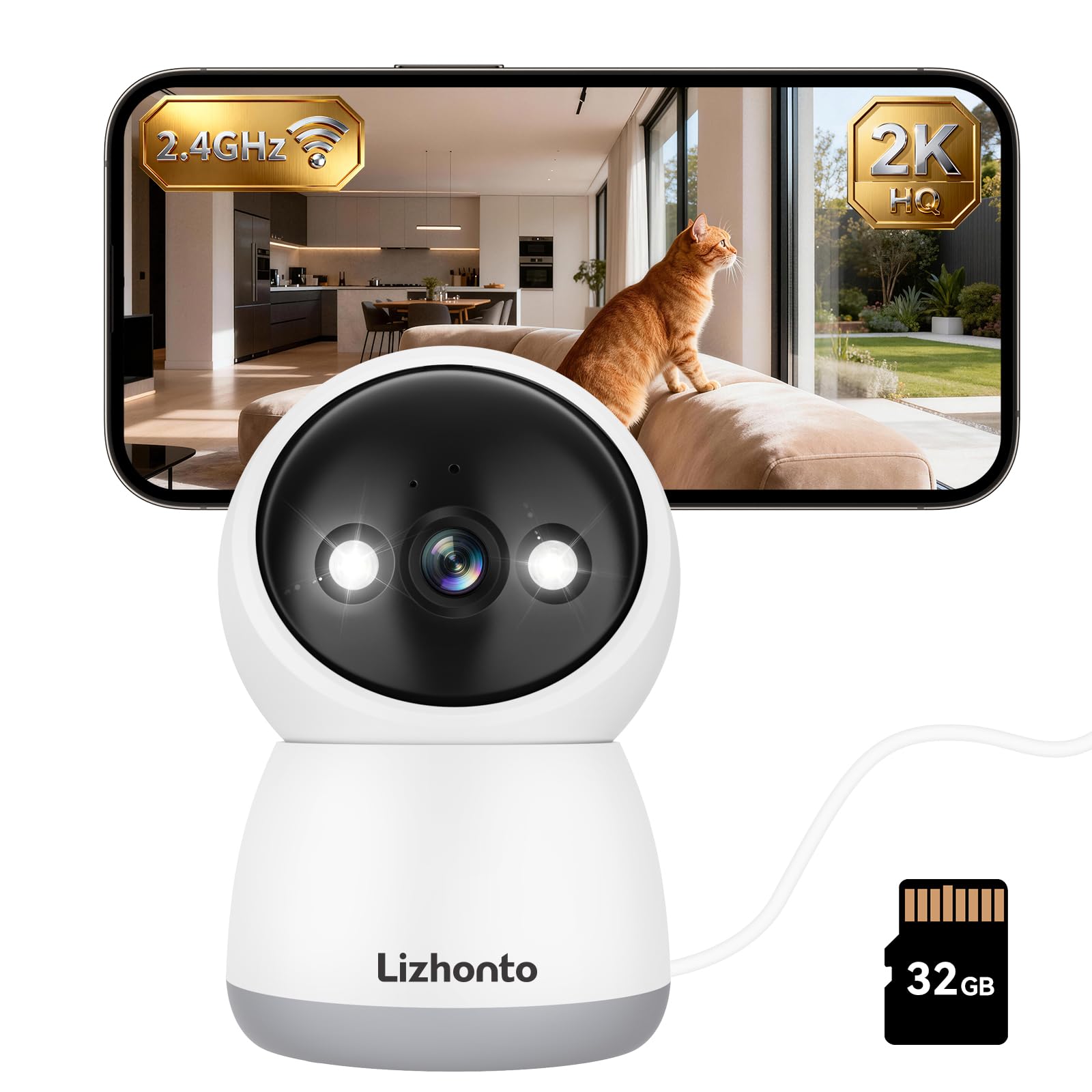 Lizhonto 3MP Indoor Security Camera with 32GB SD Card - Pan/Tilt WiFi Camera with Motion Detection & Smart Night Vision for Baby & Pet Monitoring, Supports Cloud Storage
