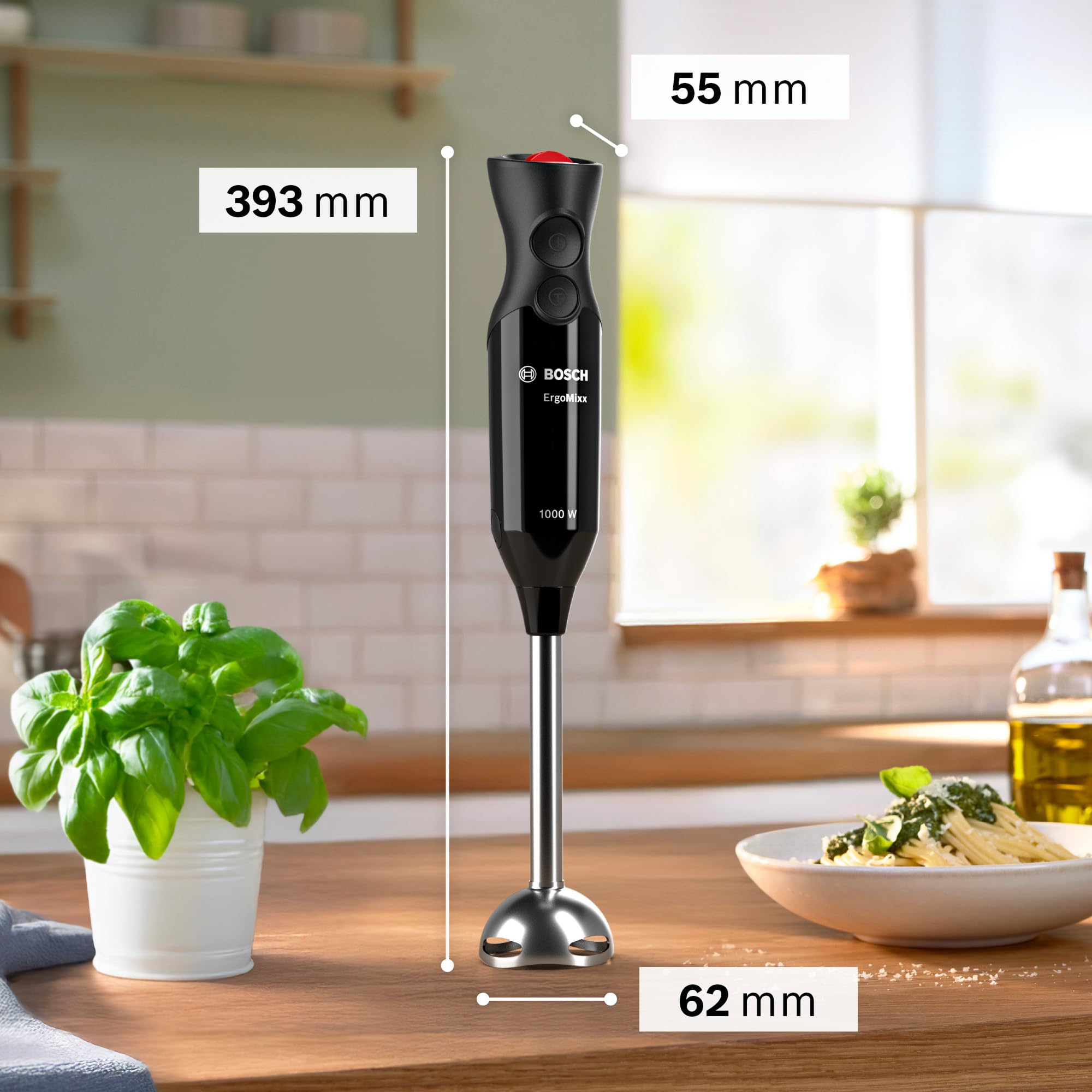 Bosch Frullatore a Immersione MS61B6150, 1000 W, Impugnatura Ergonomica, Lama a 4 ali Acciaio Inox,12 Velocità e Funzione Turbo, Accessorio Tritatutto e Frusta, Bicchiere Graduato, Nero
