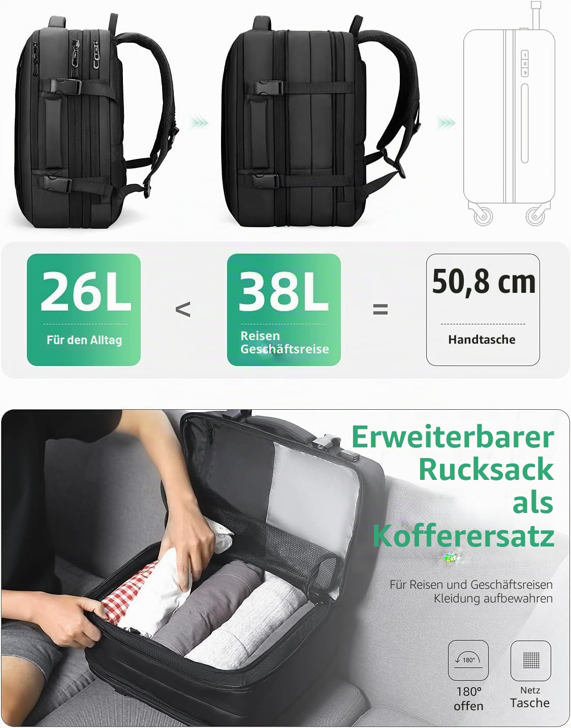 MARK RYDEN Erweiterbarer 26L-38L Rucksack,Business Herren, Laptop-Tasche 17 Zoll,Hydrophobe Stoffe, Diebstahlsicher, Fluggeprüfter, Handgepäck