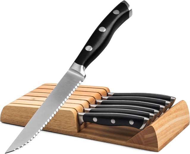Alata 6-Piece Steak Knives Set with Block, 4.7 Inch with Serrated Edge Razor-Sharp Dinner Knives, Full-Tang Construction, Stainless Steel Steak Knife Set of 6