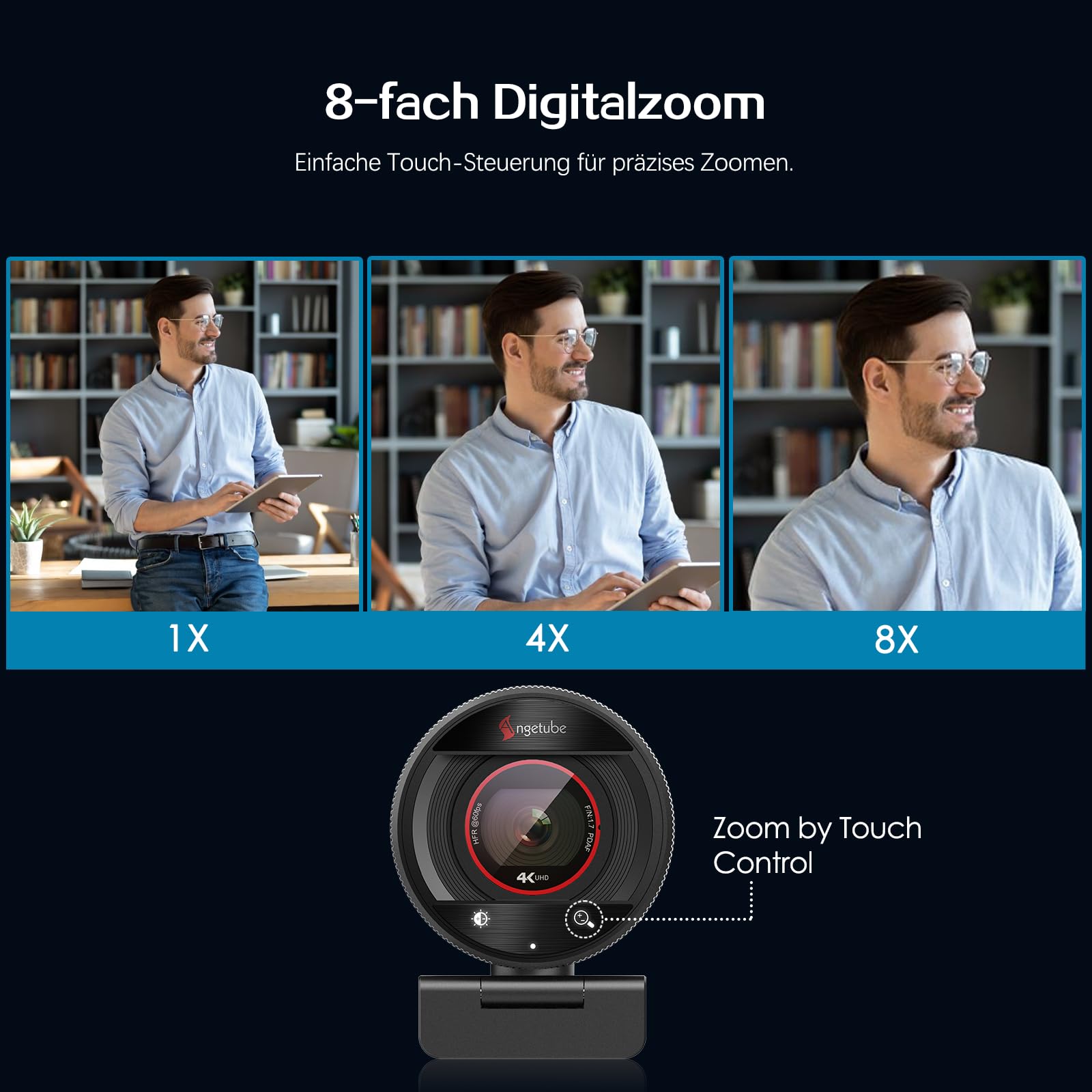 Angetube 4K Webcam für PC, 1080P@60FPS Streaming-Kamera mit PDAF Autofokus, AI Rauschunterdrückung, 8X Zoom, USB Webkamera mit Privatsphäre-Schutz für Laptop/Mac/PC, kompatibel mit Zoom, Teams, OBS