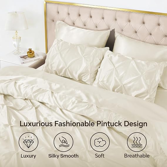 BEDELITE Satin Comforter Set Queen Size, 7 Pieces Pintuck Bed in A Bag with Comforter, Flat Sheet, Fitted Sheet, Pillowcases, Shams, Soft Similar to Silk Bed Set for All Seasons (Ivory White)