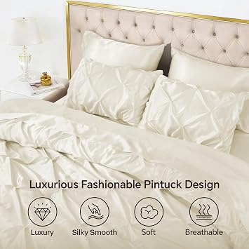 BEDELITE Satin Comforter Set Queen Size, 7 Pieces Pintuck Bed in A Bag with Comforter, Flat Sheet, Fitted Sheet, Pillowcases, Shams, Soft Similar to Silk Bed Set for All Seasons (Ivory White)