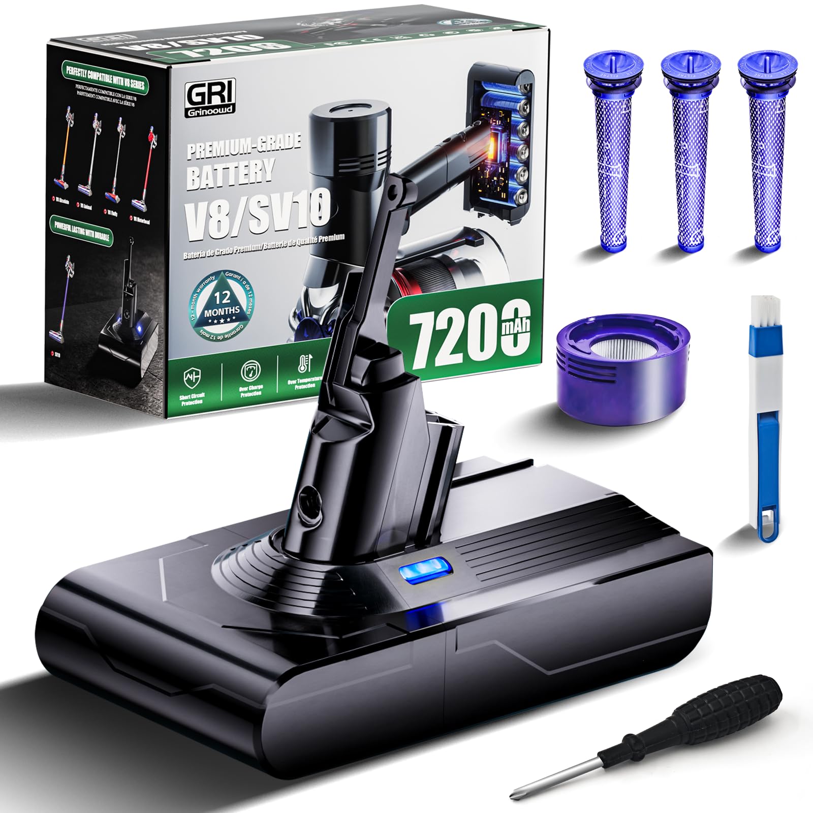 Grinoowd Upgraded 7200mAh V8 Battery Replacement Perfectly Compatible with Dyson V8 Animal Battery Replacement Absolute Motorhead V8 Fluffy SV10