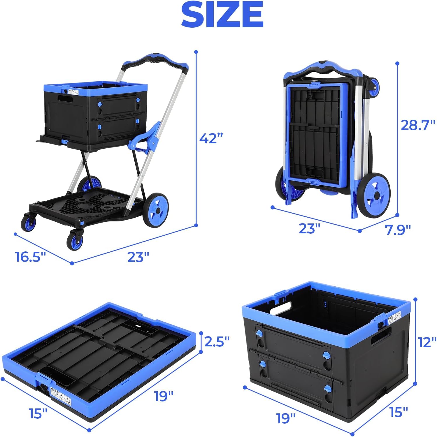 FAHKNS Collapsible Shopping Cart with Wheels: 1 Storage Crates Multi-Use Cart with 360° Swivel Wheels,Heavy Duty Folding Cart for Shopping Grocery Office,Blue