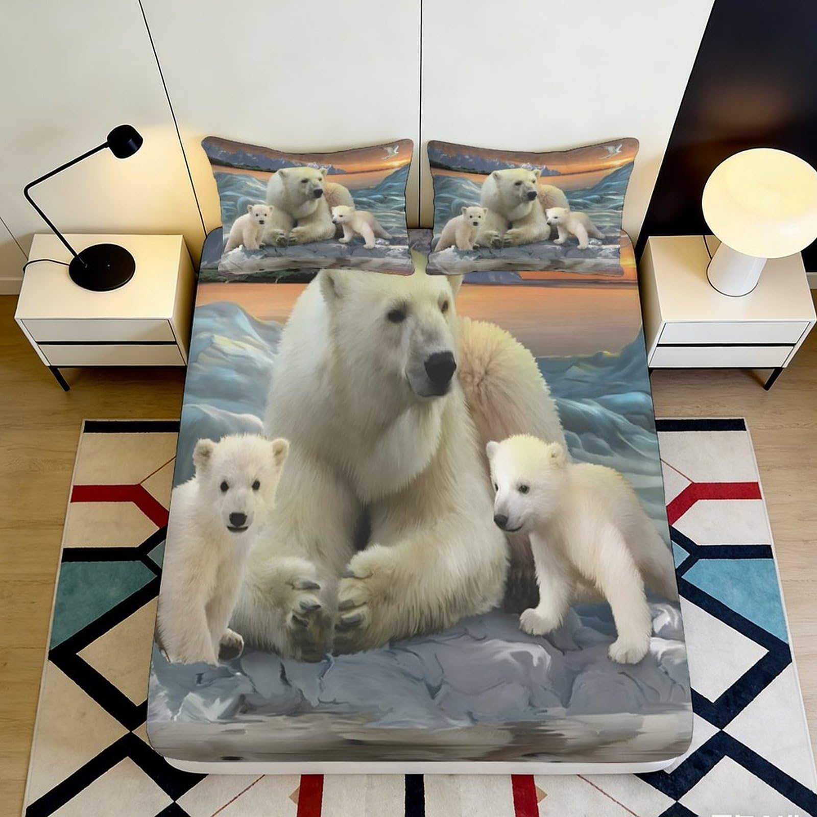 3D Printed Polar Bear Family Fitted Sheet Microfiber Soft Breathable Arctic Landscape Bed Cover for Bedroom Dorm Decor 90x200x25cm