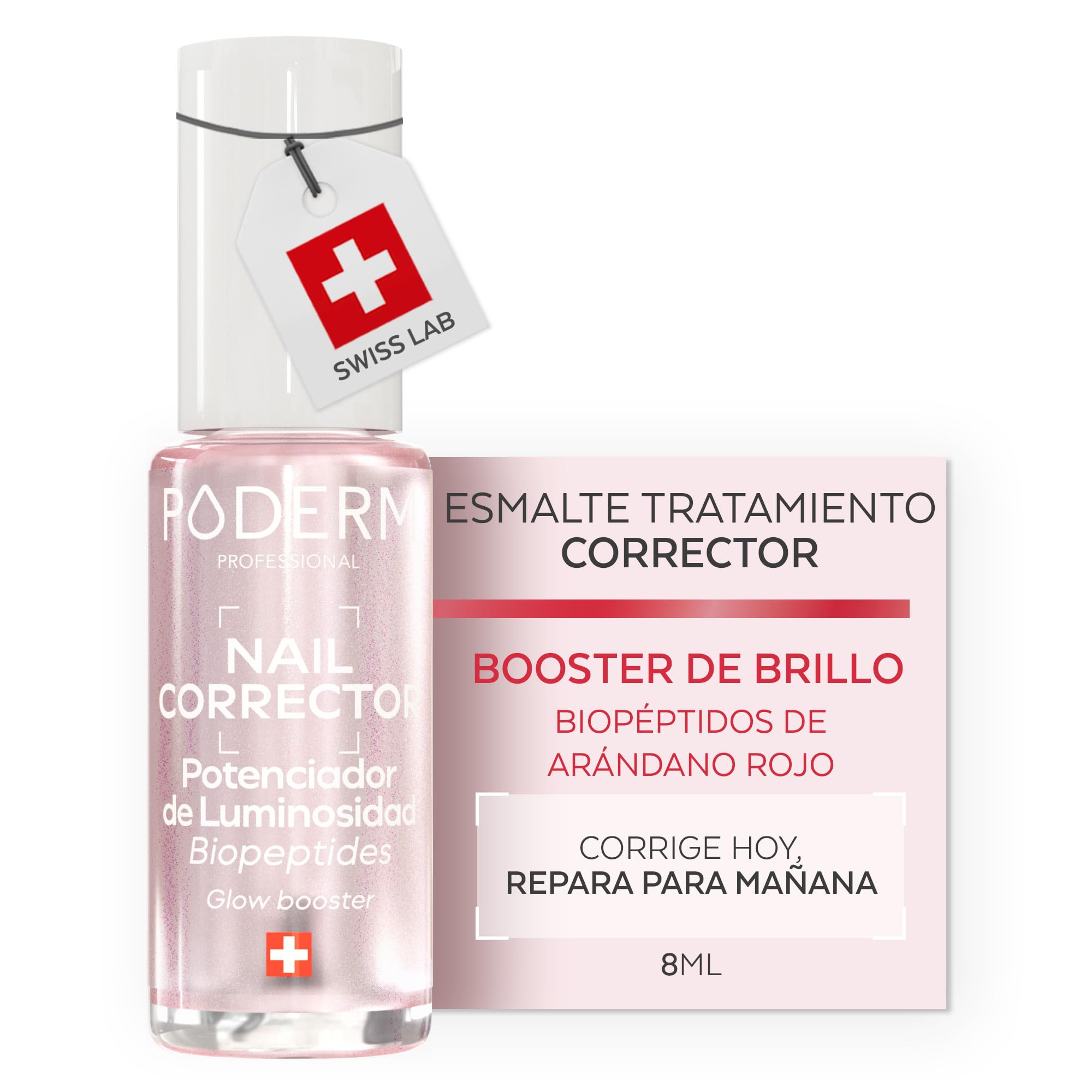 PODERM Esmalte de Uñas Tratamiento Corrector & Perfeccionador – Booster de Luminosidad | 8 ML – Reaviva Tono Rosado Natural & Sublima el Brillo para Uñas Opacas | Desarrollado por un Podólogo en Suiza