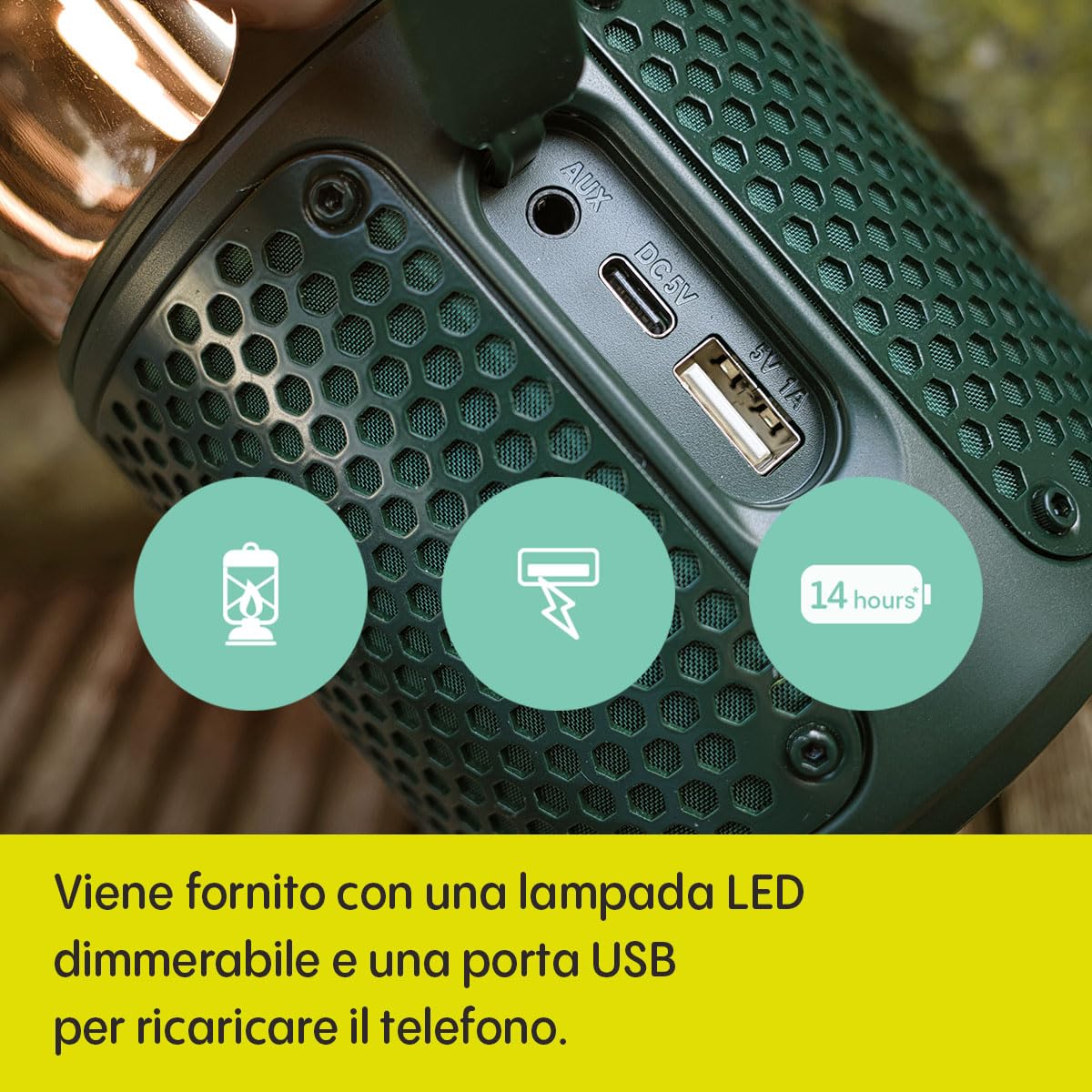 Pure Woodland Glow Altoparlante Esterno con Lampada a LED (Bluetooth 5.3, suono a 360°, IPX6, portatile, batteria da 14 ore - perfetto per giardino e campeggio) Verde