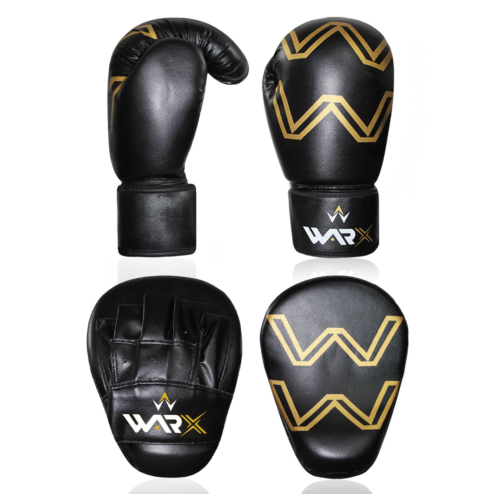 WARX Boxing Gloves and Pads set Focus Punch Mitts MMA Training Sparring Hook and Jab strike target with Punching Gloves (Black/Gold, 10oz)