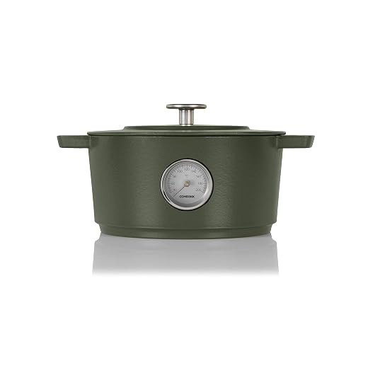 Combekk RAILWAY Recycled Enameled Cast Iron 6.3 Quart Dutch Oven w/ Thermometer, Green, 11"