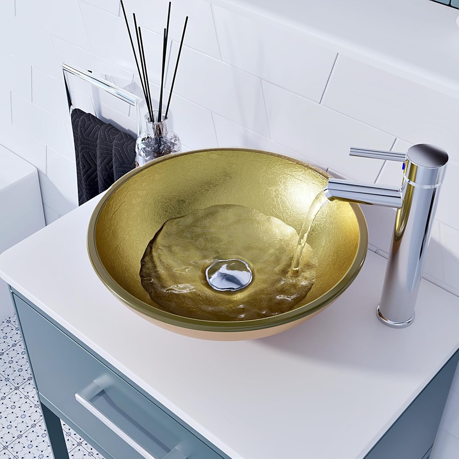 BELOFAY Flash Gold Stylish Bathroom Counter Top Wash Basin Sink, Round Glass Bowl Cloakroom Basin for Vanity Cabinet, Toilets and Bathrooms, Taps & Wastes are not Included (42x14x42cm) (WxHxL) — image 1