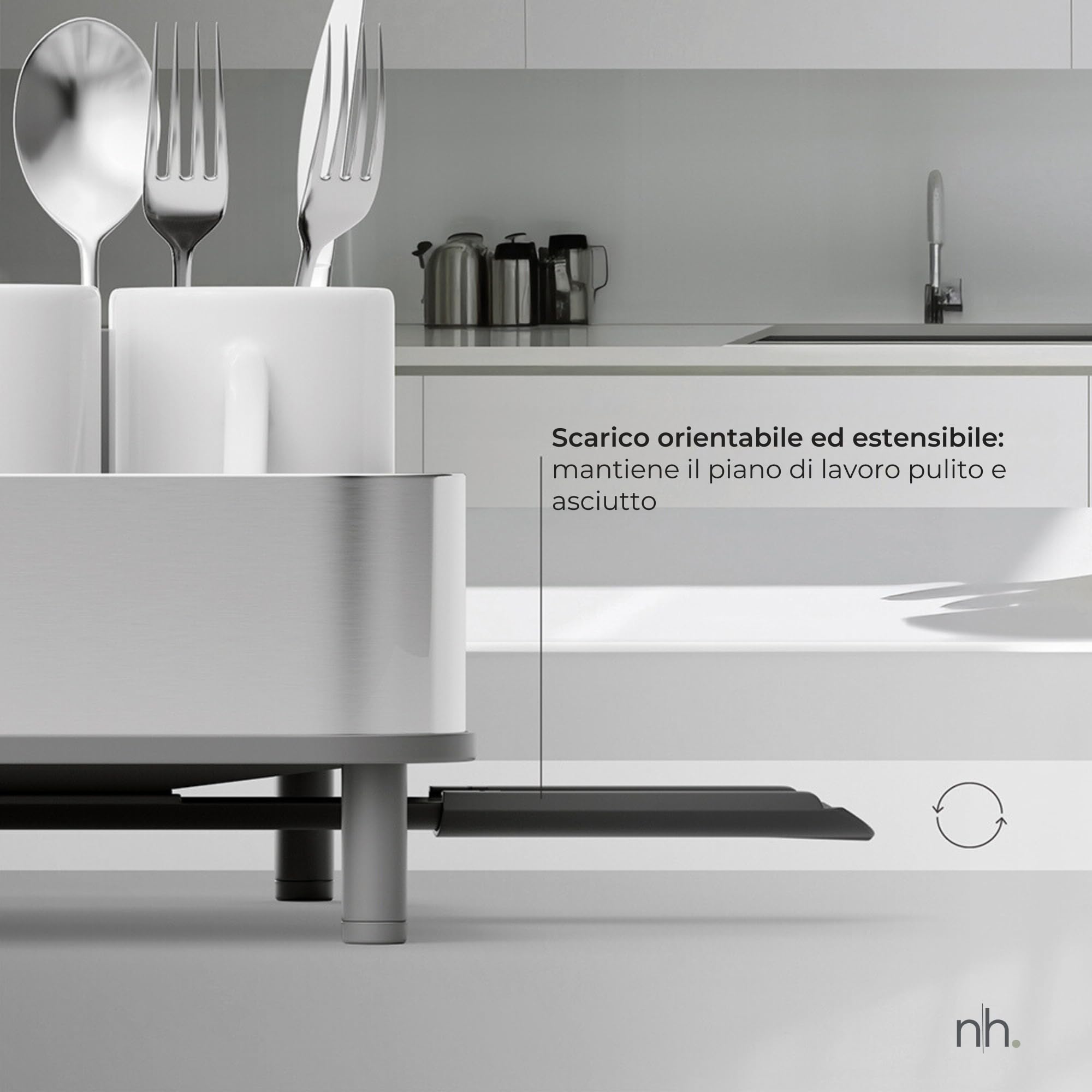 Scolapiatti grigio scuro da appoggio | Estensibile in acciaio inox anti-impronta con beccuccio orientabile | Design compatto ed elegante per cucine moderne
