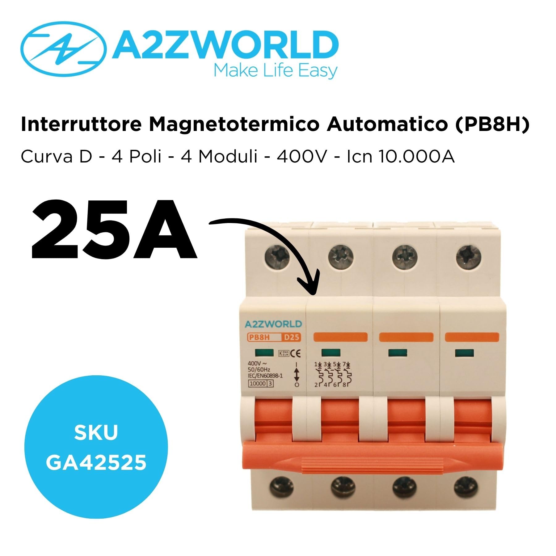 Interrupteur magnétothermique triphasé 4P 25A D25, courbe D 10 kA, 4 modules DIN 380 V AC, certifié IEC60898-1, série PB8H professionnelle