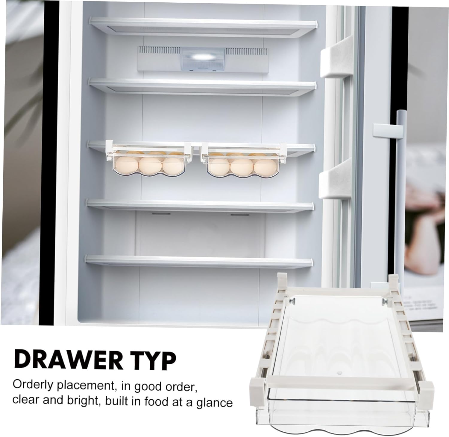 Amosfun 1Pc Capacity Drawer Design Egg Container Space Saving Egg Holder for Refrigerator Convenient Dispenser with Smooth Slide for Easy Access for Kitchen and Dining Use