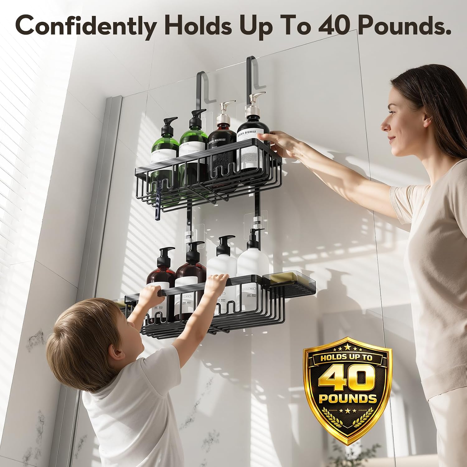 Over the Door Shower Caddy Hanging With Double Soap Holder Never Rust Aluminum Shower Shelf With 4 Hooks Hanging Bathroom Organizer No Drilling Shelves for Bathroom Storage Black image 5