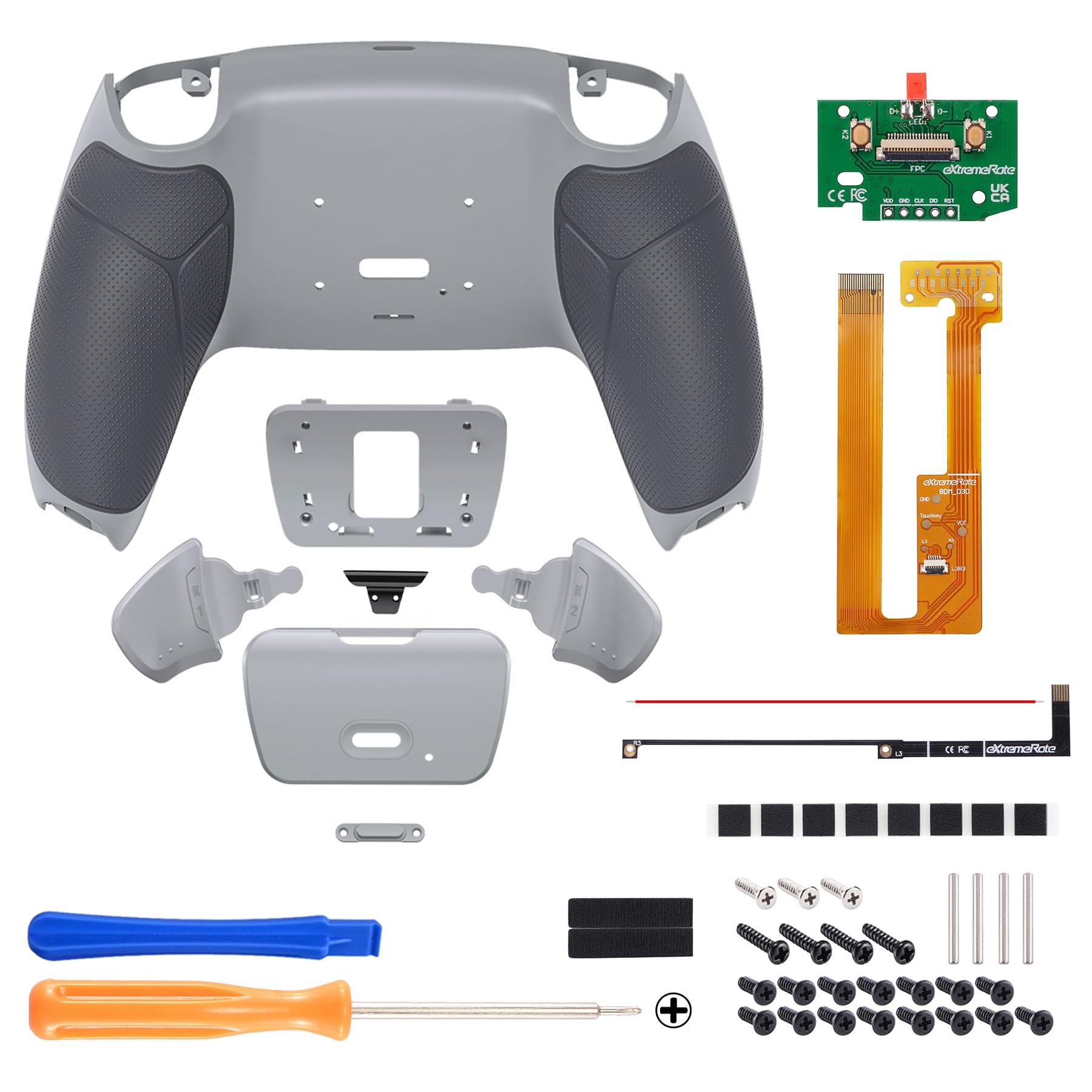 eXtremeRate Kit de reasignación Rise programable de Agarre de Goma Gris clásico para Controlador PS5 BDM-030 BDM-040, Placa de actualización y Carcasa Trasera Gris New Hope rediseñada y 4 Botones