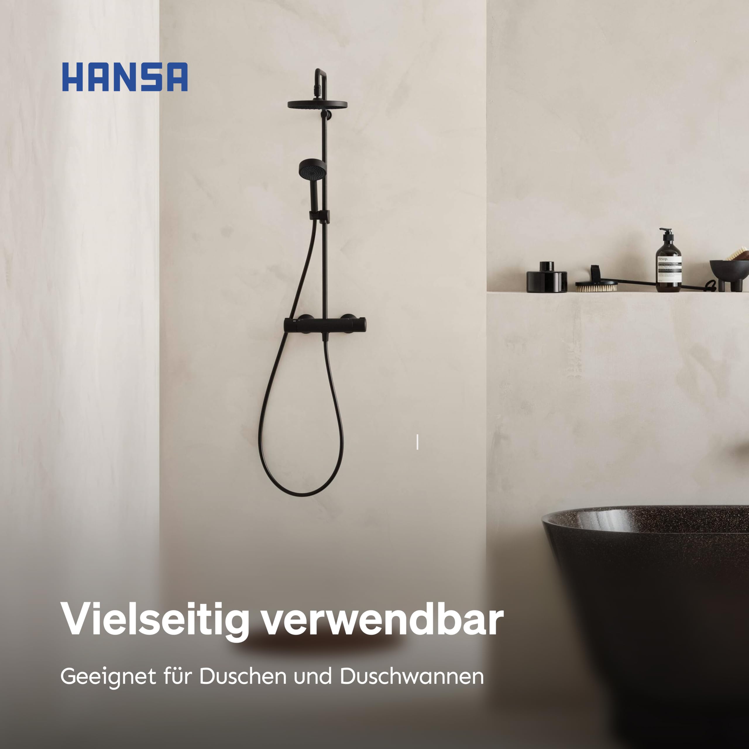 HANSA BASICJET Duschkopf mit 3 Strahlarten I Handbrause Dusche I Anti-Kalk Funktion I Brausekopf 95 mm Durchmesser | Standard G 1/2 Anschluss | Schwarz