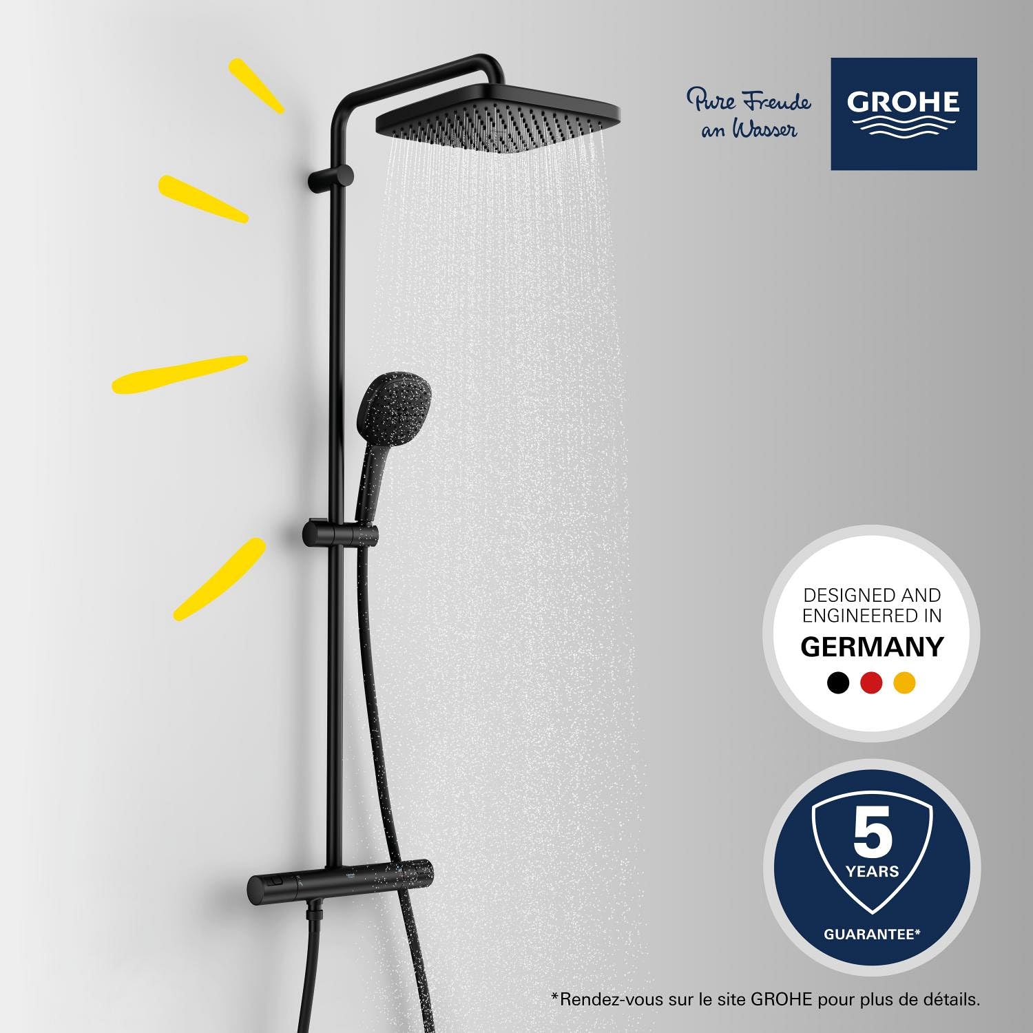 GROHE Vitalio Comfort 250 Colonne de Douche avec Mitigeur Thermostatique, Douche de Tête Carrée 25cm 1 jet (Pluie), Douchette Carrée 11cm 2 jets (Pluie/Stimulant), Economie d'Eau, Noir Mat, 266962431