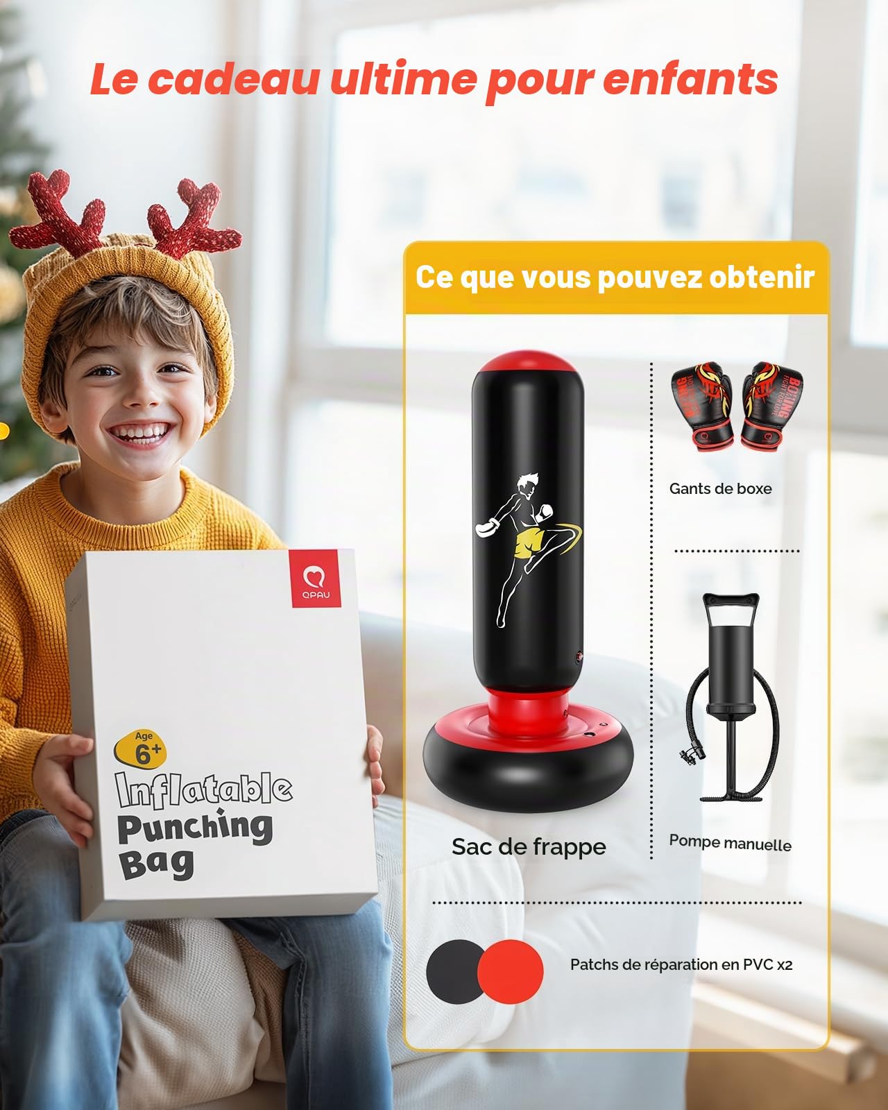 QPAU Sac De Frappe pour Enfants avec Gants De Boxe, 168cm Pouces Sac De Boxe Gonflable pour Enfants, Cadeaux pour GarçOns Et Filles De 6 à 12 Ans, pour Pratiquer Karaté