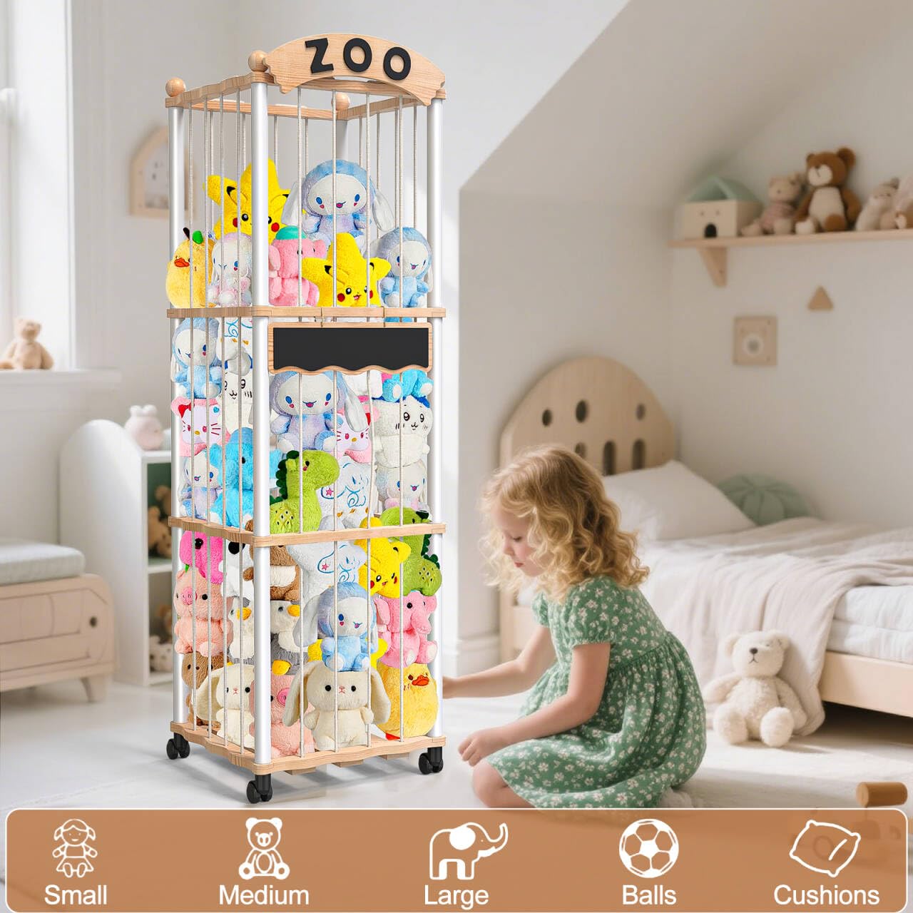 Kuscheltier Aufbewahrung Holz Plüschtier Lagerung Spielzeug Aufbewahrung | Platzsparend Große Kapazität mit 360°Bremse Ausgestattete Räder,132x42x42cm für Spielzimmer Schlafzimmer,Kinderzimmer