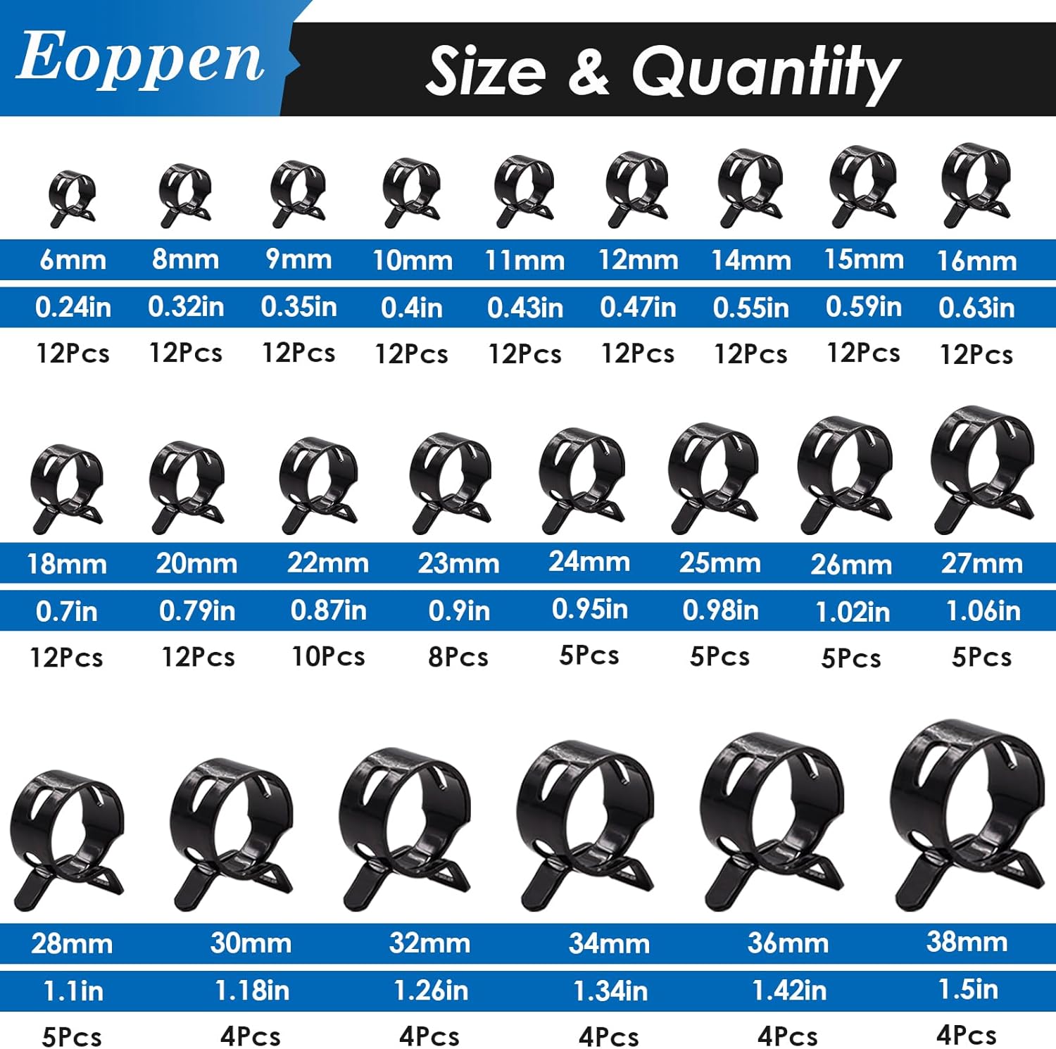 195Pcs 6-38mm Spring Hose Clamps Assortment Kit with Swivel Flat Band Fuel Hose Clamp Plier - 23 Sizes Fuel Line Silicone Vacuum Hose Low Pressure Air Clamps