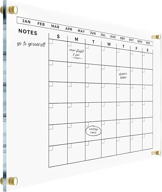 Large Acrylic Calendar with Gold Hardware - Dry Erase Monthly Acrylic Planner - Calendar 2026 Family Dry Erase Wall Calendar (24x18" (Regular))