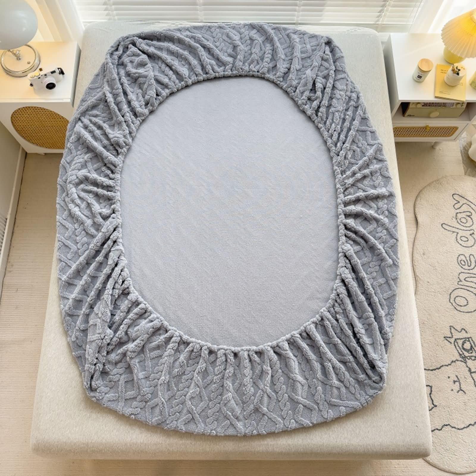 Lenzuola Singolo con Angoli di Fibra di Latte, Tinta Unita con Motivo a Rombo, 90 x 200 CM, Grigio