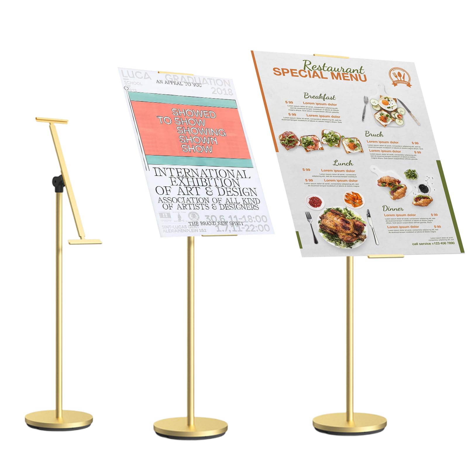 Cartello in piedi, supporto per cartelli per esterni, regolabile in altezza 60-100, altezza regolabile 100-190 cm, altezza del supporto 135-160, fondo rotondo Φ28 cm (oro)