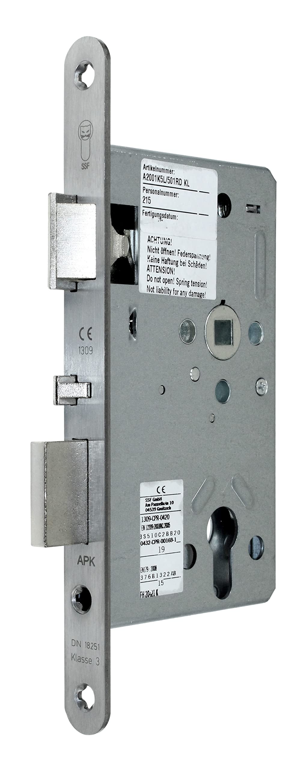 SSF Automatik FH Panikschloss Türschloss Selbstverriegelnd für Profilzylinder 65/72/9, Edelstahl Stulp: 20 x 235mm abgerundet incl. SN-TEC Montagematerial (DIN LINKS)