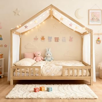 Ball & Cast Twin Size Montessori Floor Bed,House Shape Toddler Bed Frame for Kids with Canopy,Montessori Bedframe W/Roof,for Girls,Boys,Bedroom,Playroom,Easy Assembly & No Box Spring Needed,Natural