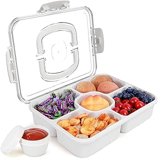 Large Snackle Box Container with Dip Container, 5 Compartments Snack Container with Lid and Handle, Veggie Fruit Divided Serving Tray for Party, Picnic, Dishwasher Safe, BPA-Free