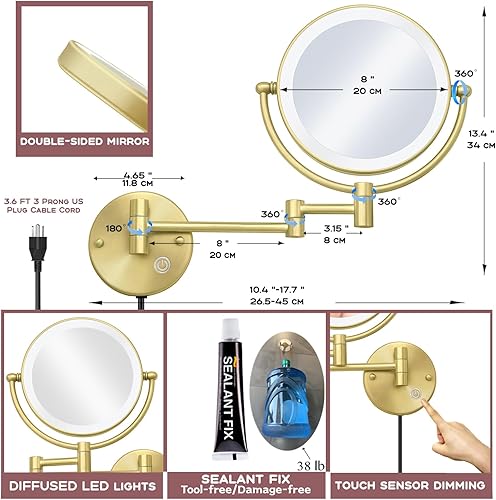 Miniatura 4 de Espejo de maquillaje de pared de latón de 8 pulgadas, brazo oscilante, espejo de aumento 5X montado en la pared, espejo de tocador iluminado de baño
