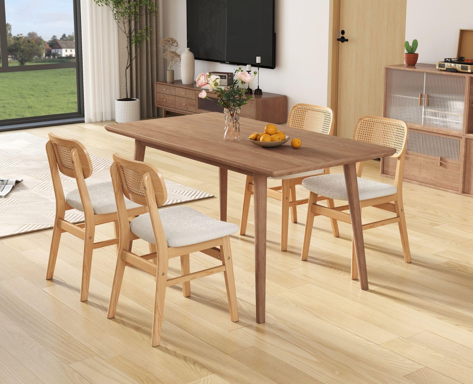 chairus Juego 2 de Sillas de Comedor Madera Maciza Sillas de Cocina con Respaldo Ratán, Sillas Rústica Tapizado en Lana Sintética para Restaurante/Cafetería, Beige