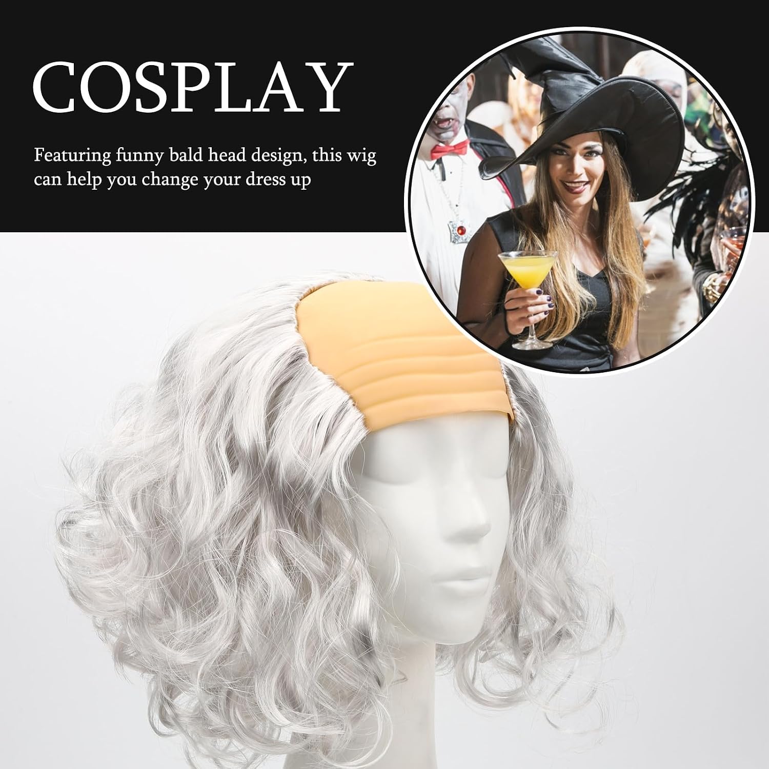 Yardwe Funny Bald Wig White Curly Old Man Cosplay Wig Role Play Costume Accessory for Party and Performance