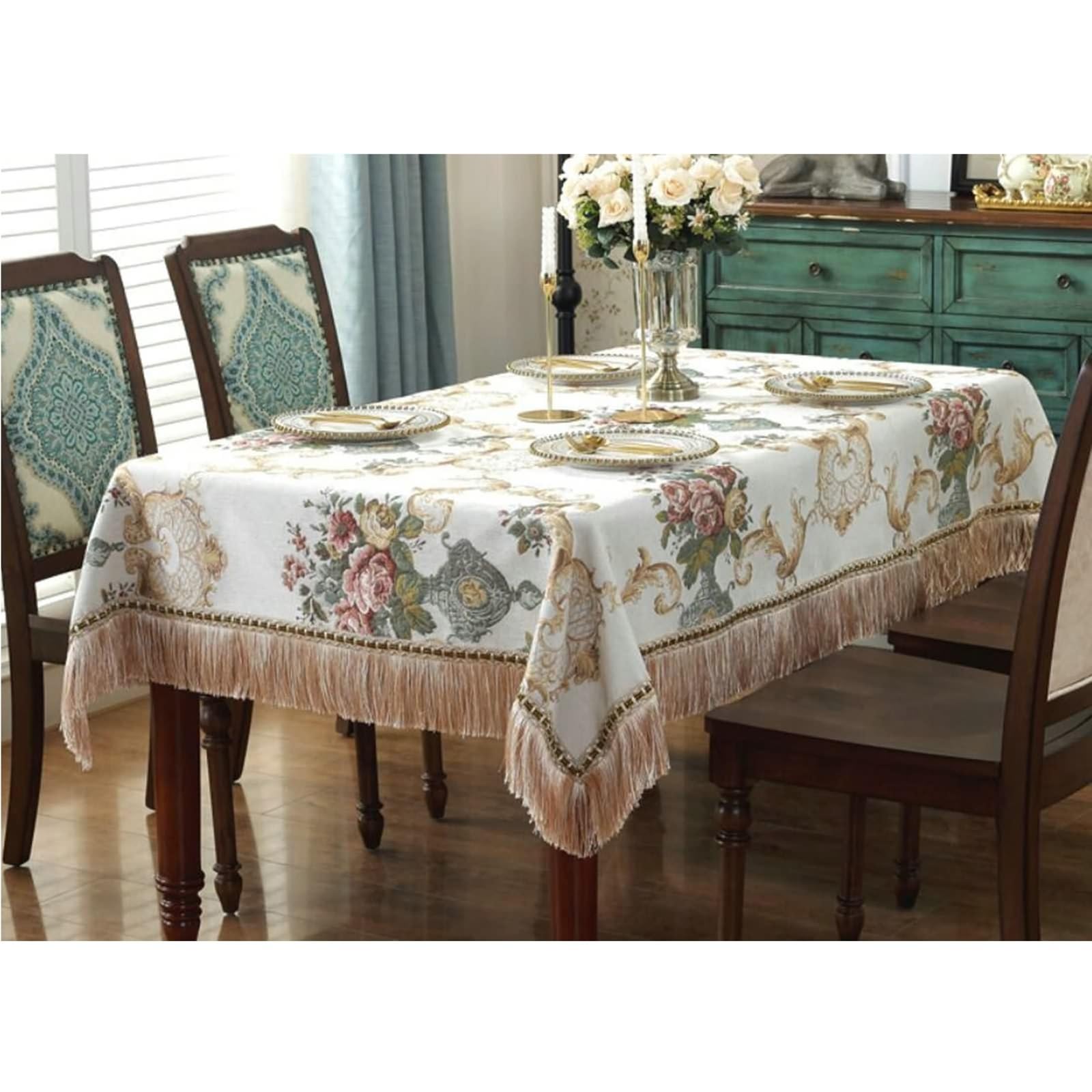 90x140cm Tischdecken Rechteckig, Tischwäsche für die Küche Chenille Vintage-Jacquard mit Blumen Und Quasten Tischdeko Fleckschutz Abwaschbar