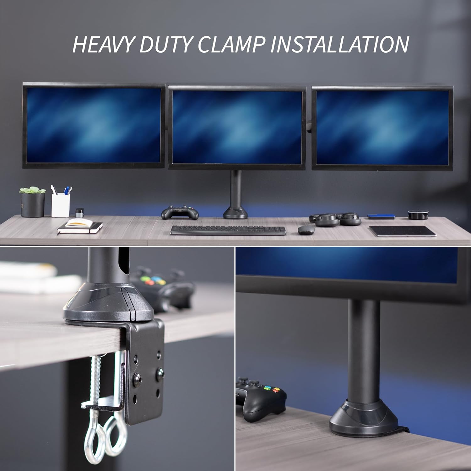 VIVO Triple Monitor 23 to 32 inch LED LCD Clamp-on Desk Mount, Heavy Duty Articulating VESA Computer Stand, Holds 3 Screens, Fully Adjustable for Home Office Workstation, Black, STAND-V103