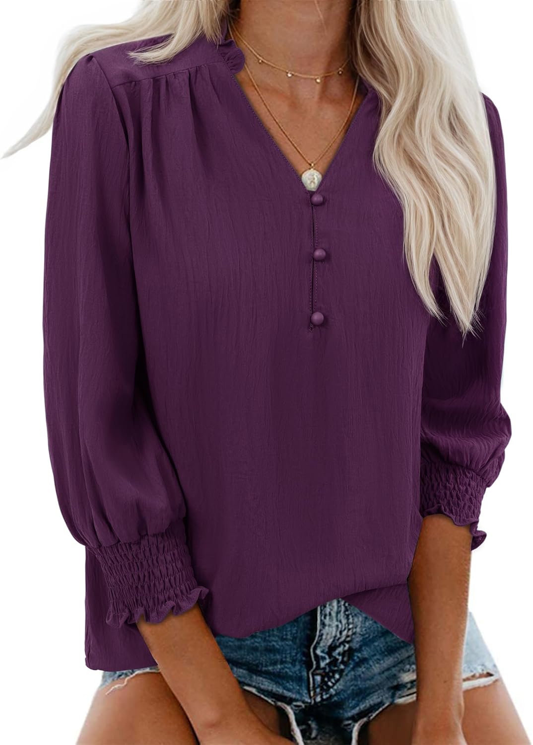 Blouses for Women Dressy Casual 3/4 Length Sleeve Womens Tops 2026 Spring Trendy Cute Smocked Cuffs Sleeve