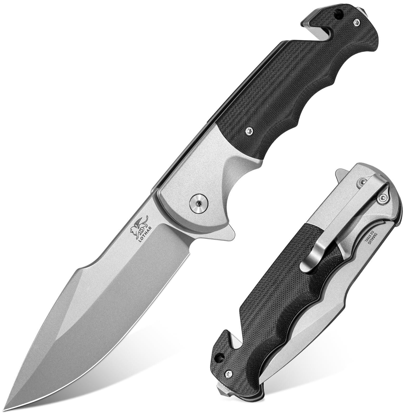 LOTHAR SMAUG Tactical Pocket Knife, Blade Pocket Knives for Men | 3.7" D2 Steel G10 Handle, 3-in-1 Survival Knife with Glass Breaker Belt Cutter, Hunting Knife for Camping, Gift for Men Women